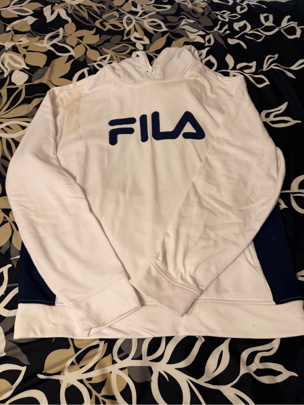 Fila White Hoodie with Navy Logo and Navy Hem Panels